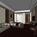 Modern Hotel Room Interior With King Bed Sofa Desk TV And Wooden Flooring