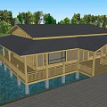 Wooden House on Water with Wooden Deck Railing and Dark Roof Design