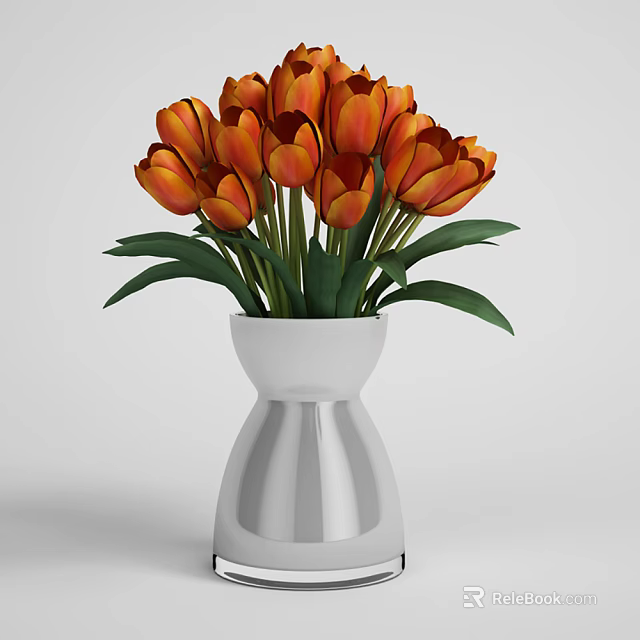 Modern White Vase With Vibrant Orange Tulips And Green Leaves 3d model 