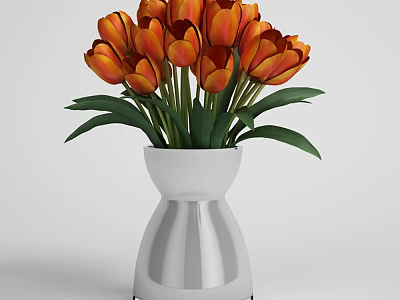 Modern White Vase With Vibrant Orange Tulips And Green Leaves 3d model