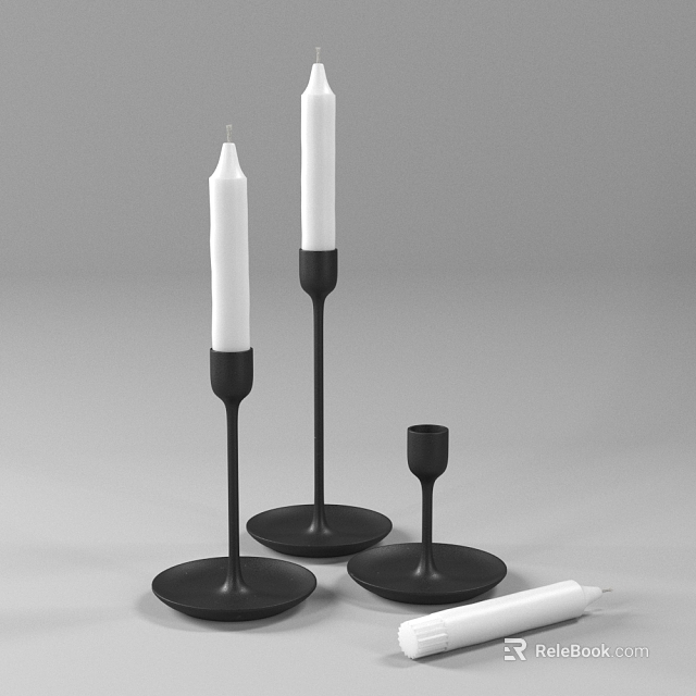 Modern Black Base Candle Holders With White Candles In Different Heights And Simple Design 3d model 