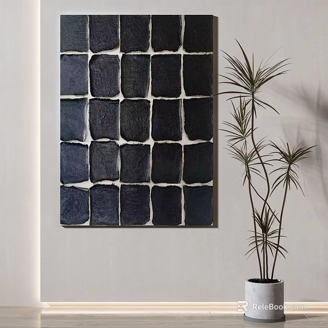 Abstract Dark Square Panel Wall Art With Tall Indoor Green Plant 3d model 