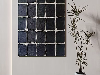 Abstract Dark Square Panel Wall Art With Tall Indoor Green Plant 3d model
