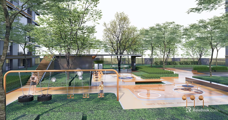 Outdoor Children's Play Area With Swings Slides Trees And Green Lawn 3d model 
