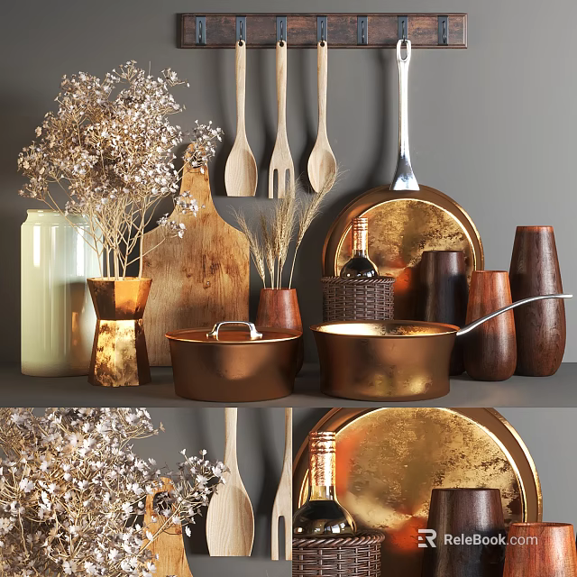 Copper Kitchenware Collection With Wooden Spoons Cutting Board Dried Flowers And Wine Bottle 3d model 