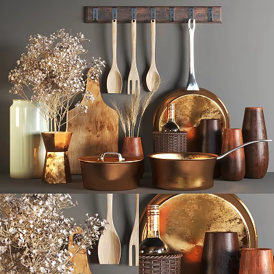 Copper Kitchenware Collection With Wooden Spoons Cutting Board Dried Flowers And Wine Bottle 3d model