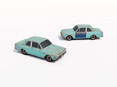 Two Vintage Blue Rusted Old Fashioned Classic Sedan Toy Cars 3d model