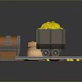Mine Cart Filled With Gold Coins Near Wooden Barrel And Clay Pot