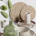 Natural Tones Tableware Set With Ceramic Bowls Plates Woven Mats And Green Glass Vases