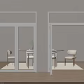 White Double Doors Open and Closed in Interior With Wooden Floor Table Chairs and Plant