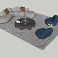 Modern Sofa and Coffee Table Set with Gray Curved Sofa Brown Cushions Blue Armchairs Black Table