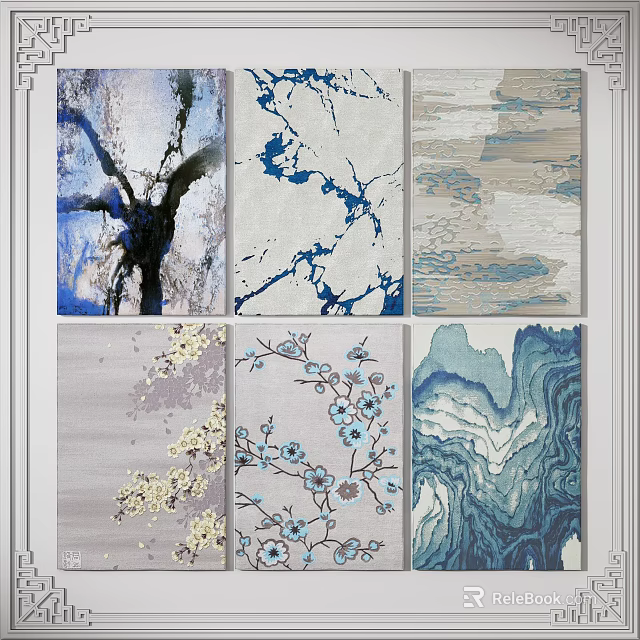 Square Carpets In Blue White Gray With Tree Branch Flower And Landscape Patterns 3d model