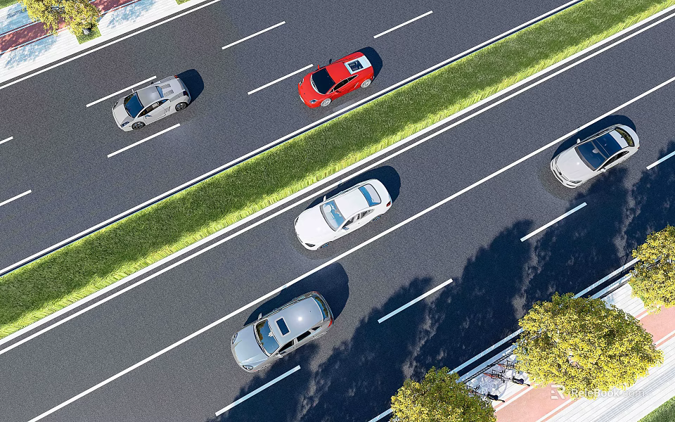 Different Colored Cars Driving On Highway With Green Median And Trees 3d model 