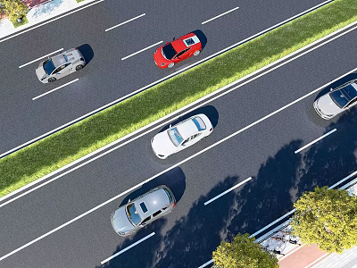 Different Colored Cars Driving On Highway With Green Median And Trees 3d model