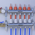 Industrial Plumbing Manifold System with Multiple Valves Metal Frame Blue Pipes and Pressure Gauge