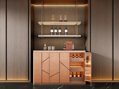 Modern Wooden Wine Cabinet With Geometric Design Upper Shelves Wine Bottles And Decorative Items 3d model