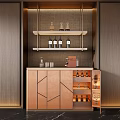 Modern Wooden Wine Cabinet With Geometric Design Upper Shelves Wine Bottles And Decorative Items