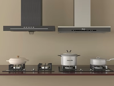 Essential Kitchen Cookware Set With Range Hoods Pots And Gas Stoves 3d model