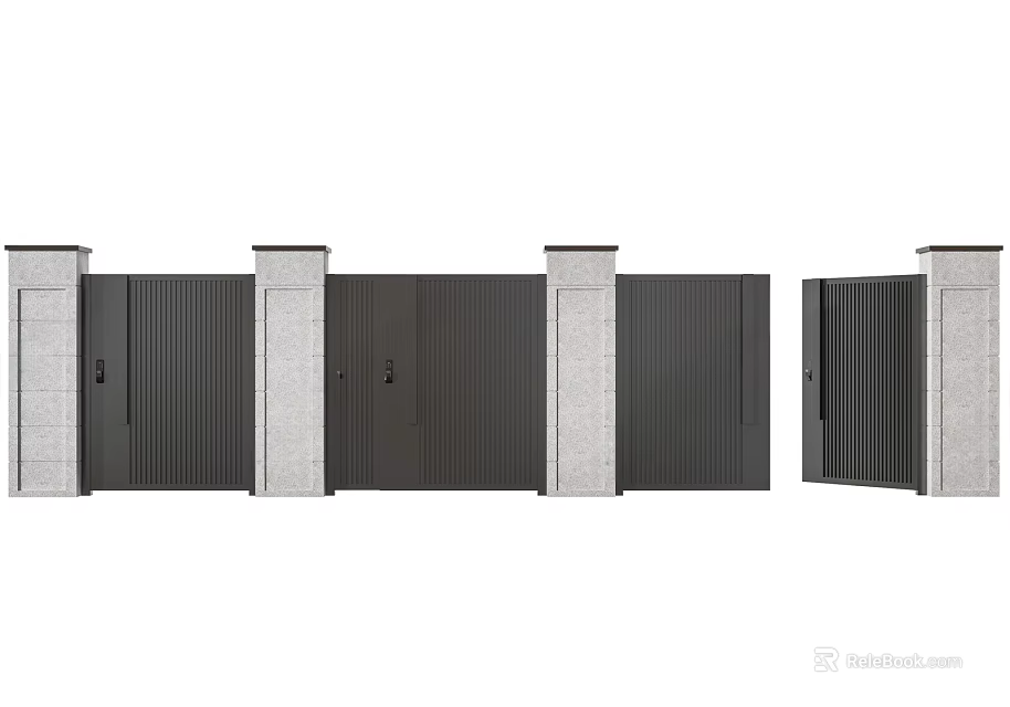 Modern Entrance Gates Design Featuring Metal Panels Stone Pillars Closed Open States 3d model 