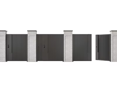 Modern Entrance Gates Design Featuring Metal Panels Stone Pillars Closed Open States 3d model