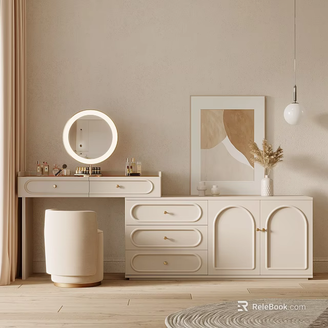 Modern Beige Dressing Table Featuring Ring Light Mirror Drawers Stool Decorative Painting And Vase Plant 3d model 