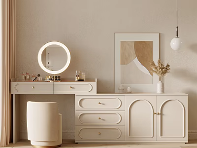 Modern Beige Dressing Table Featuring Ring Light Mirror Drawers Stool Decorative Painting And Vase Plant 3d model