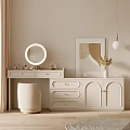 Modern Beige Dressing Table Featuring Ring Light Mirror Drawers Stool Decorative Painting And Vase Plant