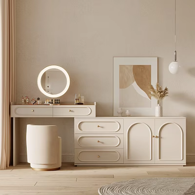 Modern Beige Dressing Table Featuring Ring Light Mirror Drawers Stool Decorative Painting And Vase Plant 3d model