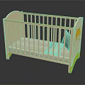 Light Yellow Baby Crib With Cartoon Kangaroo Design Green Legs And Light Gray Mattress