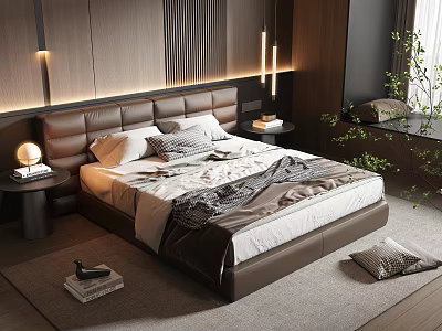 Modern Bedroom Interior Design With Brown Leather Headboard White Gray Bedding And Green Plant 3d model