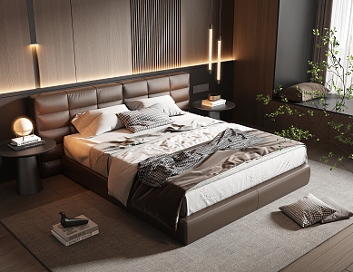 Minotti Bedroom Leather Double Bed Fabric Double Bed Small Chandelier Dark Italian Style Light Luxury 3d model