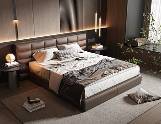 Minotti Bedroom Leather Double Bed Fabric Double Bed Small Chandelier Dark Italian Style Light Luxury 3d model