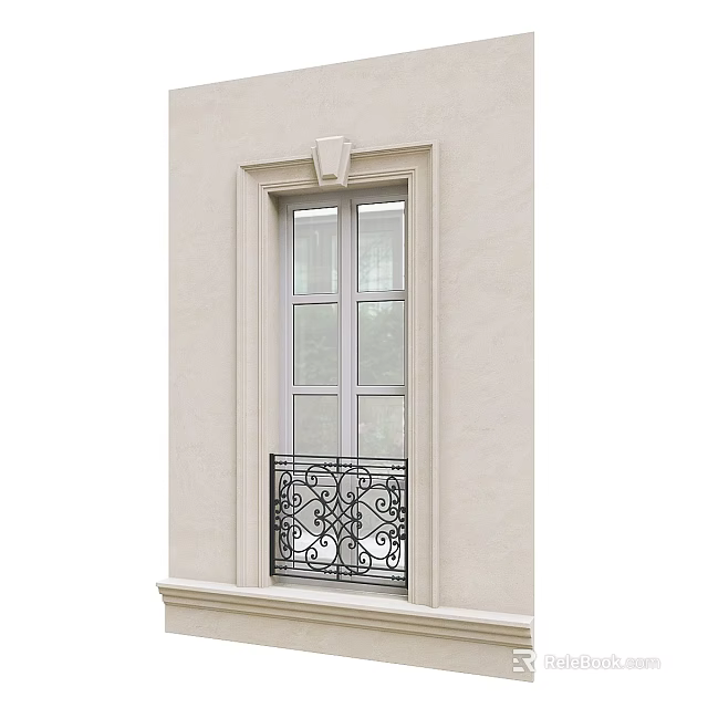 Traditional Window Design With Glass Panes And Ornate Wrought Iron Railing On White Wall 3d model 