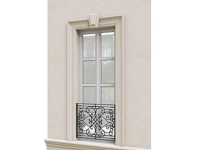 Traditional Window Design With Glass Panes And Ornate Wrought Iron Railing On White Wall 3d model
