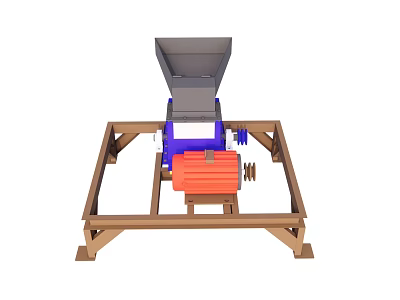 Industrial Crusher Machine with Wooden Frame Gray Hopper Blue Red Components and Gears 3d model