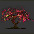 Cartoon Scenery Vibrant Tree with Red Pink Leaves and Exposed Roots on Reflective Surface