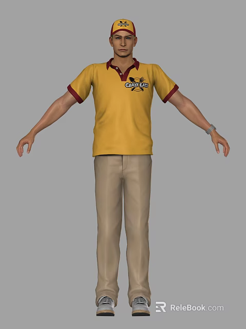 A Man wearing yellow T-shirt with Cavaliers print red cuffs and khaki pants with wristwatch 3d model 