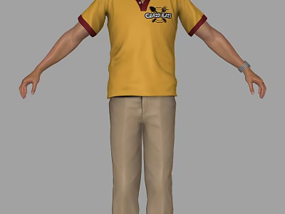 A Man wearing yellow T-shirt with Cavaliers print red cuffs and khaki pants with wristwatch 3d model