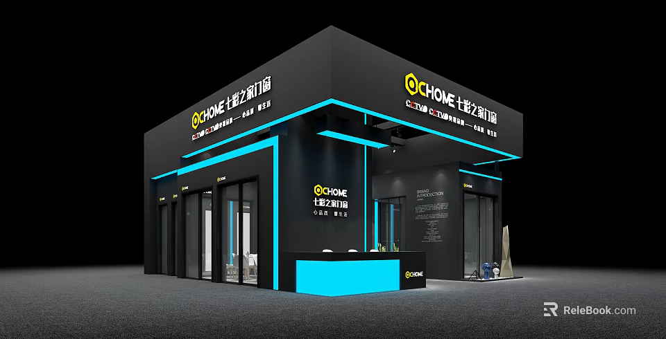 Exhibition Booth Design for E-CHOME with Black Blue Accents and Reception Counter 3d model 