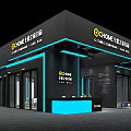 Exhibition Booth Design for E-CHOME with Black Blue Accents and Reception Counter