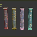 Four Blue And Gold Decorative Columns With White Base Top And Intricate Patterns Displayed Together