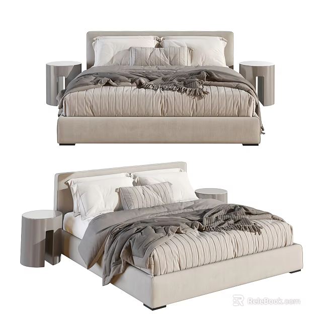 Elegant Modern Double Bed Design With Beige Upholstered Frame Gray Bedding And Side Nightstands 3d model