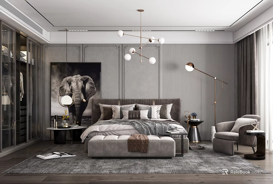 Elegant Modern Bedroom Interior With Grey Headboard Elephant Art Rug Floor Lamp And Nightstand 3d model 