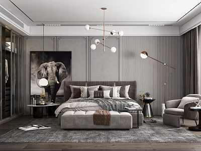 Elegant Modern Bedroom Interior With Grey Headboard Elephant Art Rug Floor Lamp And Nightstand 3d model