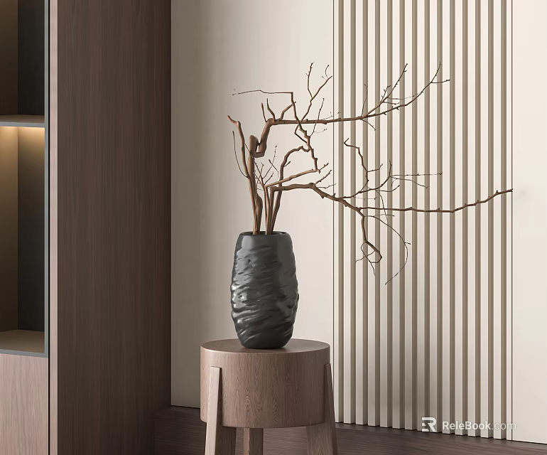 Textured Black Vase With Dried Branches On Wooden Stool Against Vertical Striped Wall 3d model 
