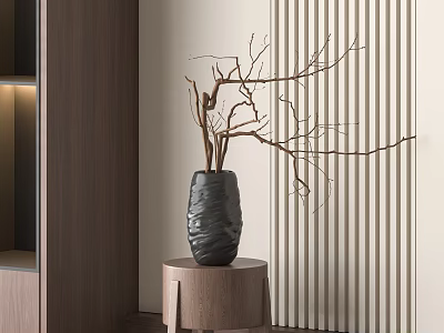 Textured Black Vase With Dried Branches On Wooden Stool Against Vertical Striped Wall 3d model