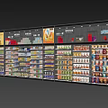 Supermarket Display Shelves Filled With Various Snacks Drinks And Canned Goods