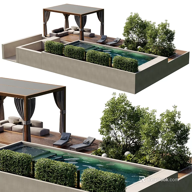 Serene Courtyard Garden With Pool Hedges Trees Pavilion And Wooden Deck Loungers 3d model 