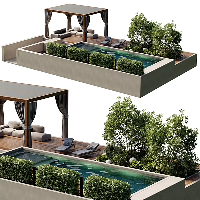 Serene Courtyard Garden With Pool Hedges Trees Pavilion And Wooden Deck Loungers 3d model