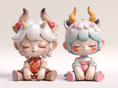 Cute Sleeping Cartoon Ornament Decoration Set With Two Horned Figurines In Red And Blue 3d model